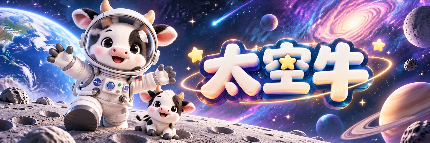 太空牛横幅：宇航服小牛和小牛犊站在月球上，旁边是太空牛三个字