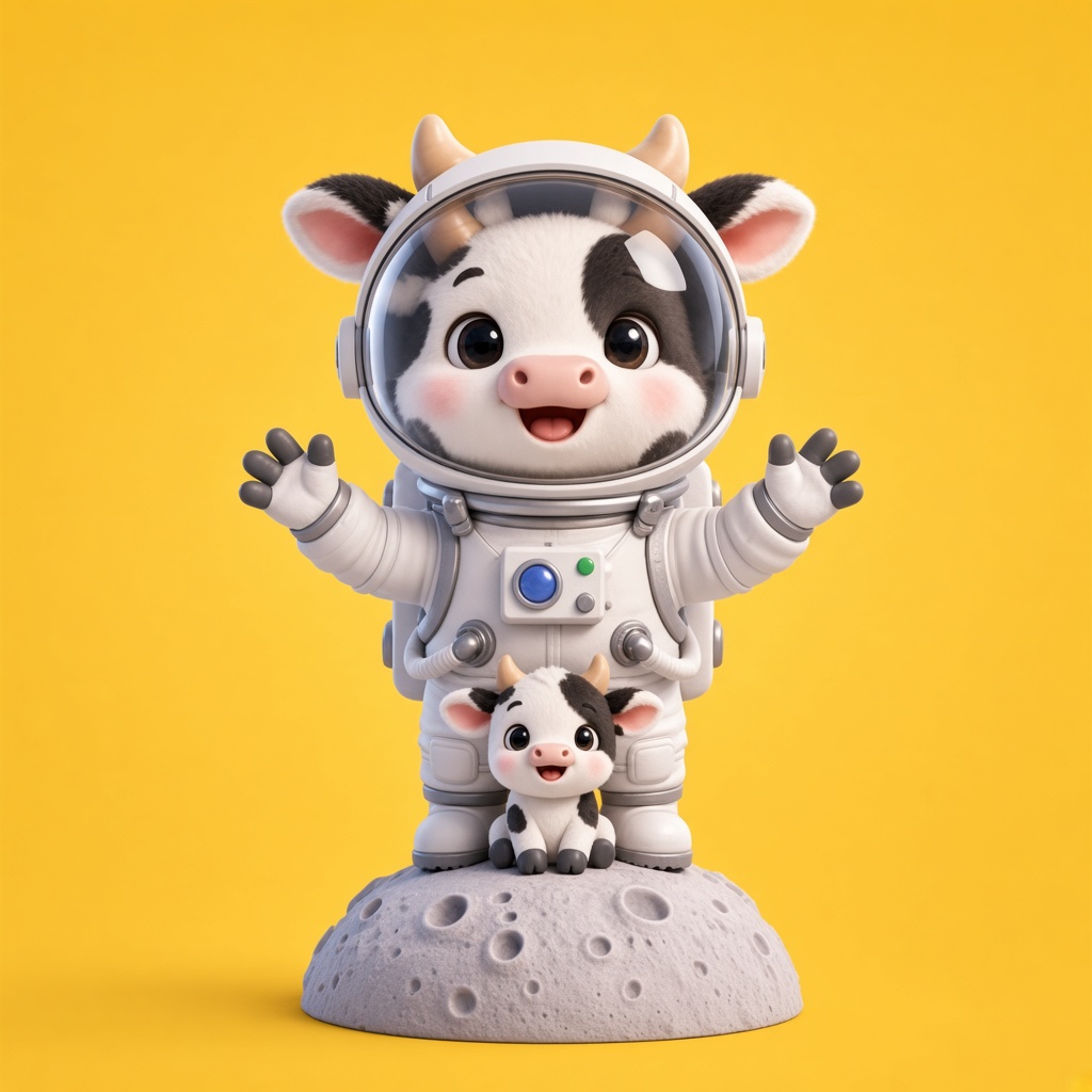 太空牛，穿白色宇航服的黑白小牛，站在月球上挥手