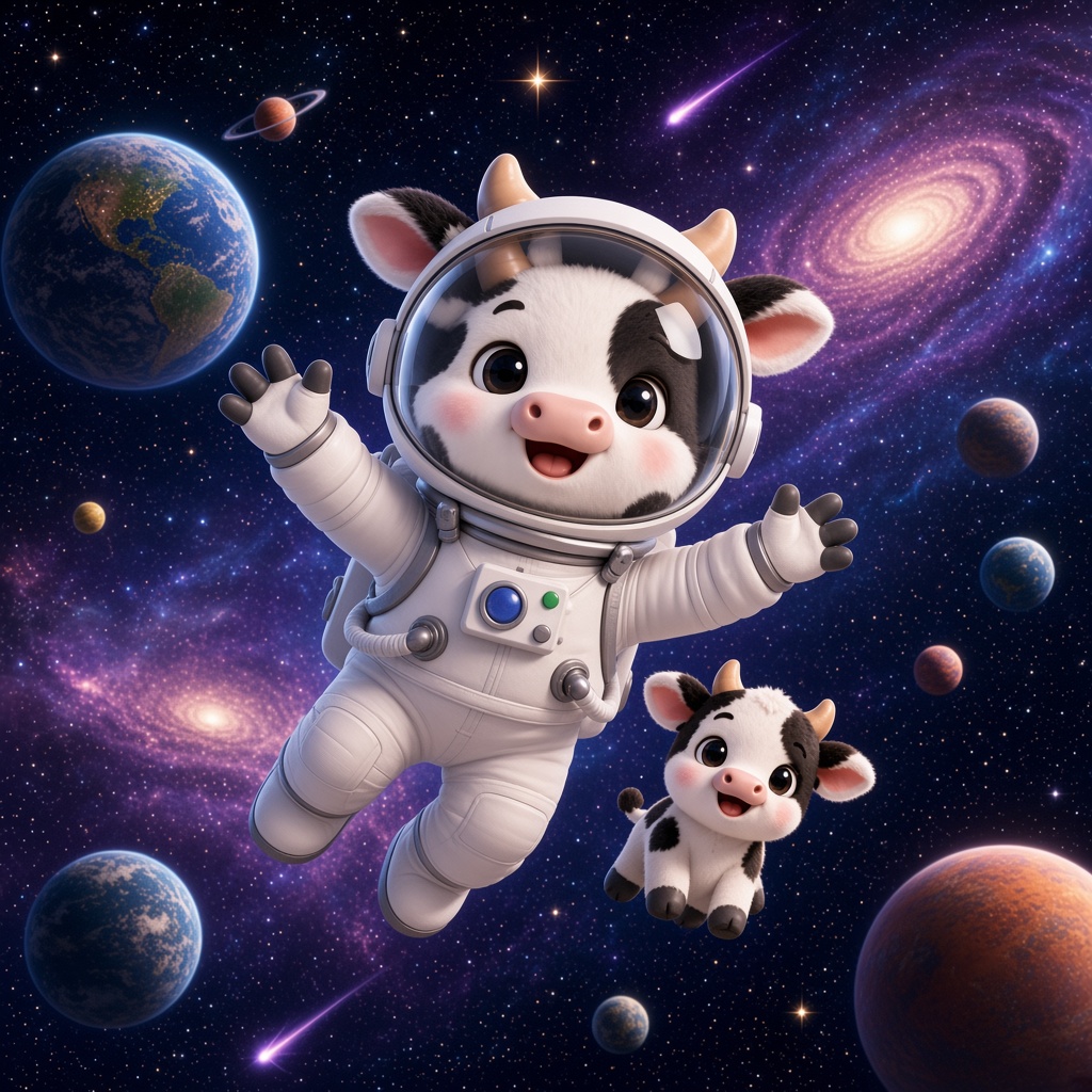 太空牛在星球和银河之间漂浮